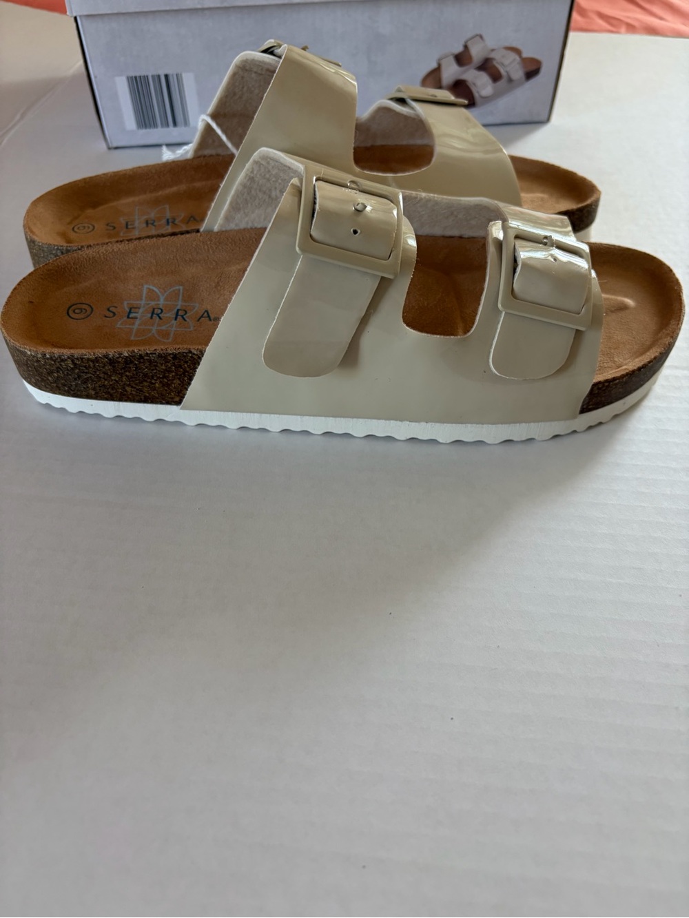 Serra Women’s Patent Beige Double-Buckle Slide Sandals